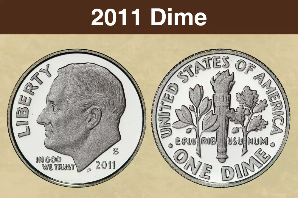 2011 Roosevelt dime obverse and reverse showing Full Bands torch detail and P mint mark