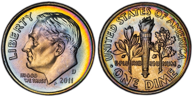 2011 Roosevelt dime grading strip showing four condition tiers from Worn to Gem Uncirculated MS67+ left to right
