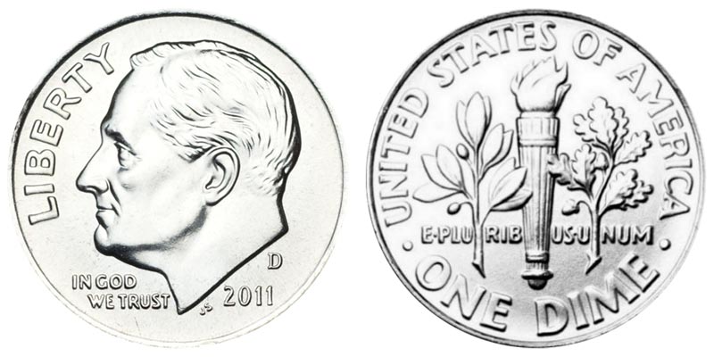Side-by-side comparison of 2011 Roosevelt dime torch bands: merged bands (common) versus fully separated Full Bands designation (premium)