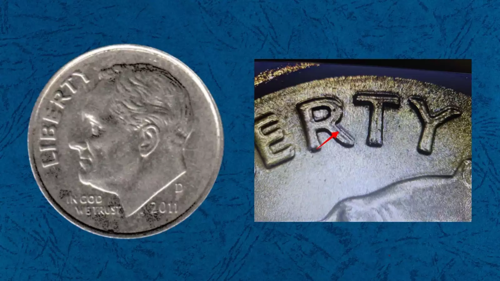2011 Roosevelt dime doubled die obverse error showing doubled LIBERTY lettering and portrait under magnification